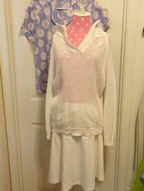 Shirt 469 Women's White Crochet Hoodie  Linen & Cotton L Top